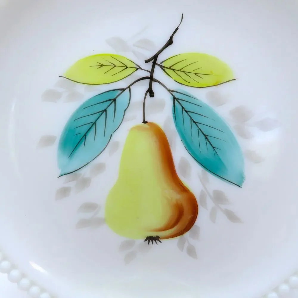 Vintage Milk Glass Decorative Dessert Plate Pear Design Beaded Rim 7.5 Inch